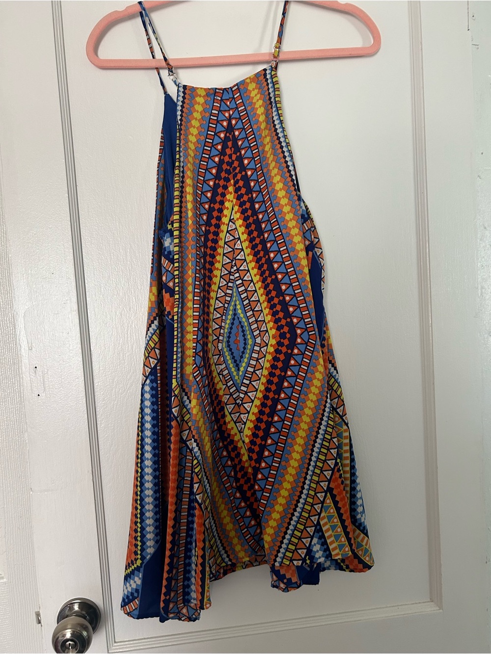 Geo-Print Halter Skater Dress in Blue & Orange